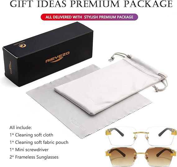 Photo 2 of AIEYEZO Retro Rimless Sunglasses Rectangle Women Men Vintage Frameless Sun Glasses Fashion Frameless Square Tinted Glasses 2 Pack (Gold/Clear + Gold/Brown) 58 Millimeters