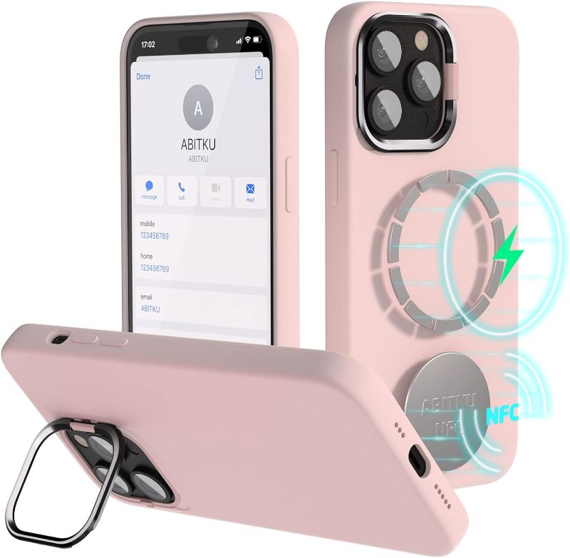 Photo 1 of ABITKU Silicone Compatible with iPhone 14 Pro Case with NFC Tags, Camera Kickstand & MagSafe - with NFC Tags Share Contact Information with Ease (6.1 inch), Pink Sand 