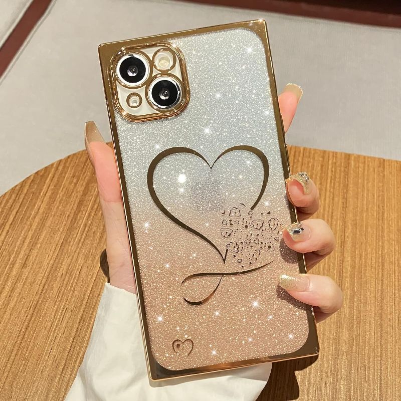 Photo 1 of OOK Compatible with iPhone 13 Gradient Glitter Square Clear Case, Luxury Plating Cute Love Heart Soft TPU Sparkle Case with Camera Protection for Women Girls-Gold 