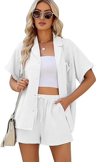 Photo 1 of [Size M] COZYPOIN Women Casual 2 Piece Outfit Set Summer Short Sleeve Button Top and Shorts Set
