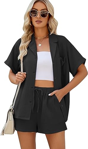 Photo 1 of [Size M] Women Casual 2 Piece Outfit Set Summer Short Sleeve Button Top and Shorts Set- Black