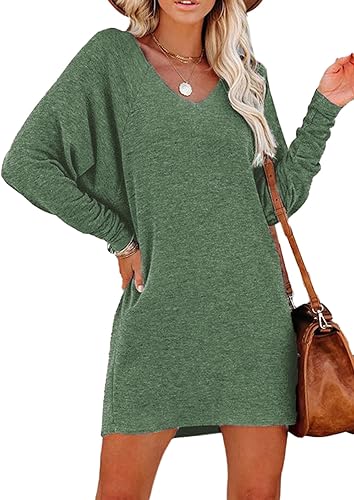 Photo 1 of [Size M] Vrtige Women's Casual V Neck Long Sleeve Loose Fit Mini Short T-Shirt Dress 