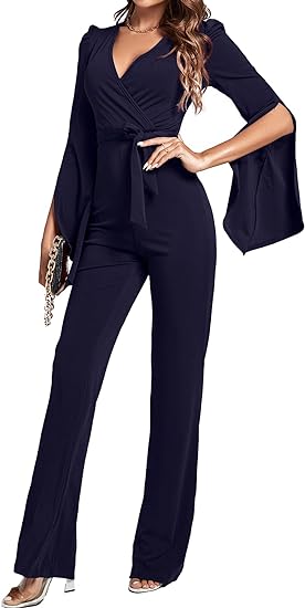 Photo 1 of [Size XS] LYANER Women's Split Long Sleeve Wrap Deep V Neck Tie Waist Jumpsuit Long Pants Romper- Navy Blue
