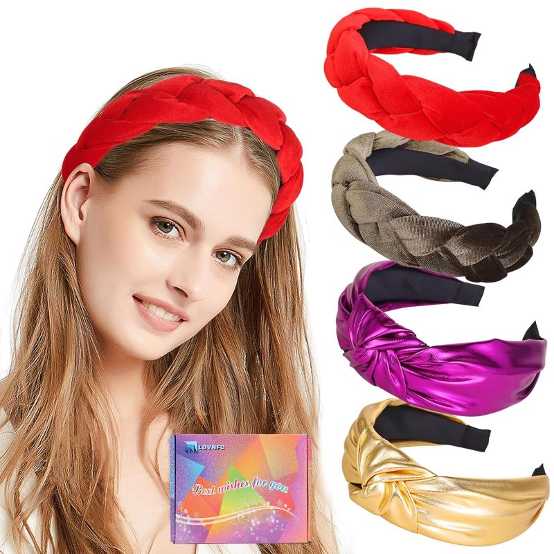 Photo 1 of LOVNFC headbands for women, 4Pcs Woven Knot Headband Non Sliding Fashion Girl Wide Top Knot Leather Hairpin Red Army Green Gold Purple 