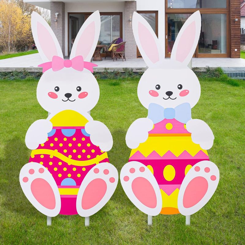 Photo 1 of 2 Set Easter Yard Signs Decorations Outdoor Bunny Waterproof Easter Lawn Decorations Stakes Egg Easter Decorations Lawn Easter Bunny Decor Bunny Yard Signs for Easter Hunt Game Party Props Garden 