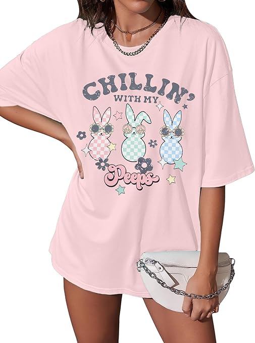 Photo 1 of Easter Bunny Tshirt Women Peeps - Happy Easter Day Gift Chillin with My Peeps Tees Cute Bunny Graphic Shirt Mom Tops - 2XL 
