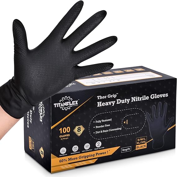 Photo 1 of [Size XL] TITANflex Thor Grip Heavy Duty Black Industrial Nitrile Gloves with Raised Diamond Texture, 8-mil, Latex Free, 100-ct Box
