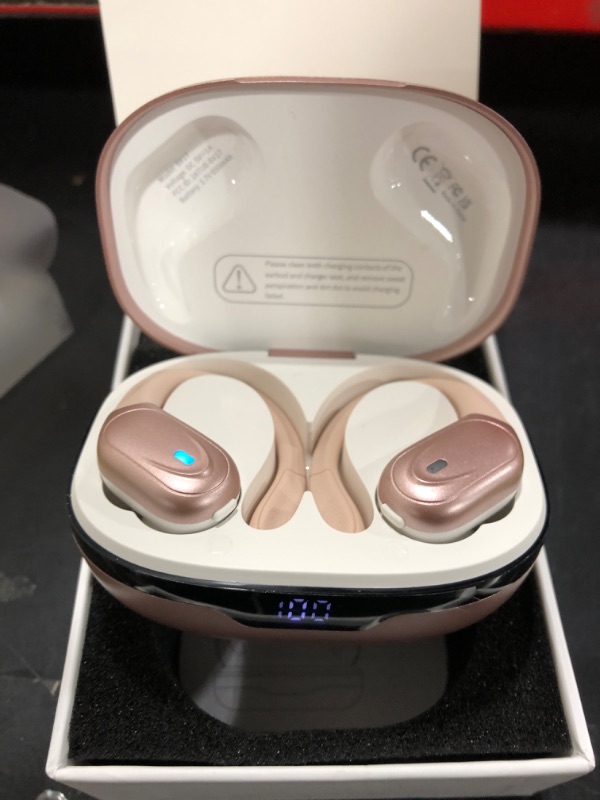 Photo 2 of CASCHO Wireless Earbuds, Bluetooth 5.3 Headphones, 60Hrs Playback HD Stereo Audio LED Display, Over-Ear IPX7 Waterproof Earphones with Earhooks, Built-in Mic, Type-C, for Sports (Rose Gold)