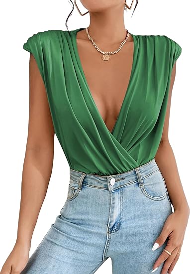 Photo 1 of [Size L] Milumia Women's Ruched Wrap Deep V Neck Padded Shoulder Tank Tops Sleeveless Bodysuit
