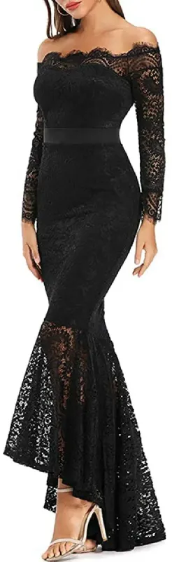 Photo 1 of [Size M] Womens Floral Lace Long Sleeve Off Shoulder Wedding Mermaid Dress Black