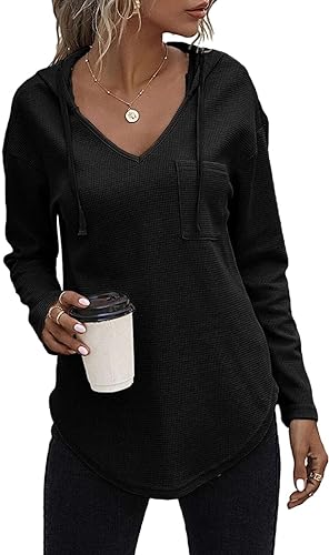 Photo 1 of [Size S] Morhuduck Women's V Neck Hoodies Long Sleeve Sweatshirt Drawstring Pullover Tops with Pocket