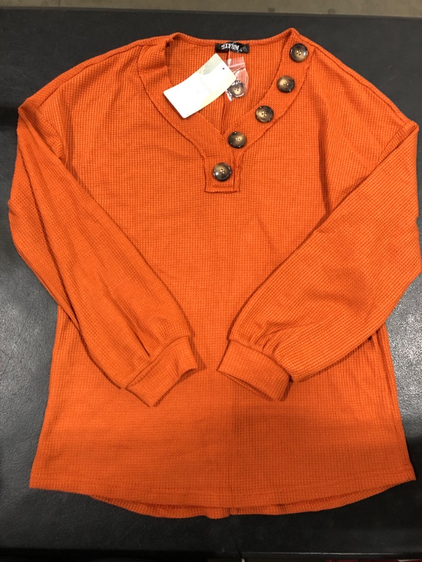 Photo 1 of [Size S] Ladies Ribbed v-neck top with buttons- Burnt Sienna