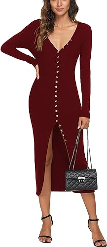 Photo 3 of [Size L] CMZ2005 Women's Long Sleeve Cardigan Maxi Dress Fall Knit Bodycon Dress Button Down Sweater Dress 6088
