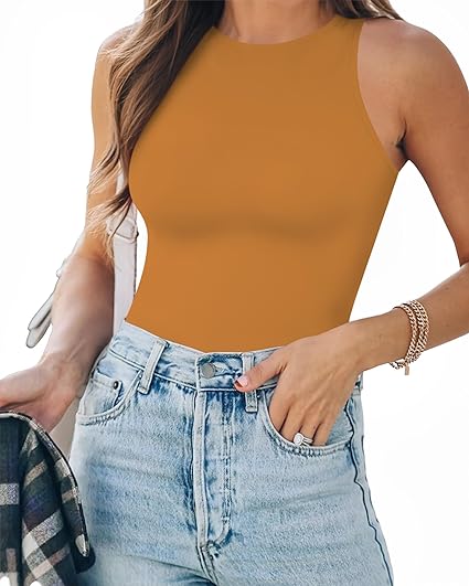 Photo 1 of [Size M] MANGOPOP Tank Top Body Suits Women Sexy Crew Neck Racerback Halter Ribbed Long Sleeve Bodysuit for Women- Orange
