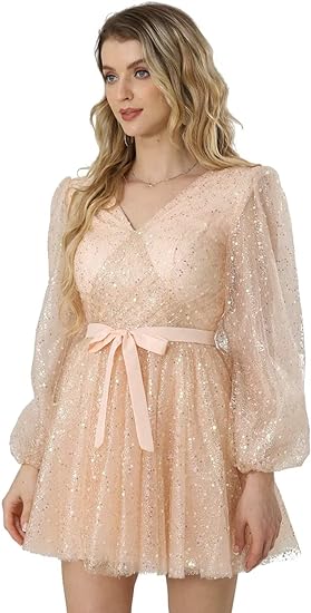 Photo 1 of [Size 2] GOOSPRAN Blush Pink Homecoming Dresses for Teens Sparkle Long Sleeve Sequin Short Mini Cocktail Party Dress