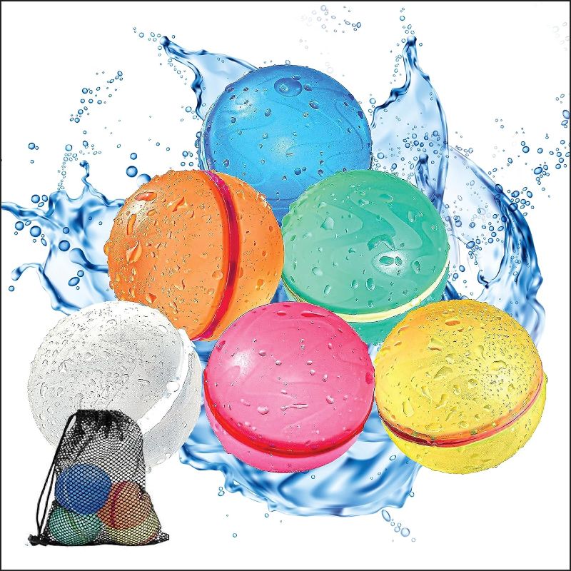 Photo 1 of 6 Pieces Reusable Water Balloons Toys Refillable Leakproof Colorful Silicone Quick Fill Self-Sealing Water Bomb, Outdoor Summer Pool Party Supplies for Kids and Adults