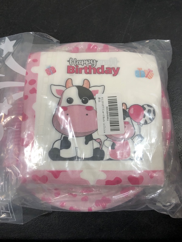 Photo 2 of Cow Party Supplies Set for 24 Guests Including Pink Cow Farm Dinner Plates, Dessert Plates, Napkins, Forks for Cute Pink Farm Cow Themed Happy Birthday Party Decorations for Girls Tableware 96Pcs