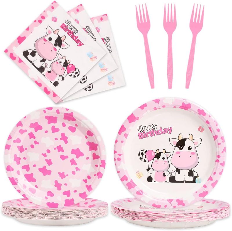 Photo 1 of Cow Party Supplies Set for 24 Guests Including Pink Cow Farm Dinner Plates, Dessert Plates, Napkins, Forks for Cute Pink Farm Cow Themed Happy Birthday Party Decorations for Girls Tableware 96Pcs
