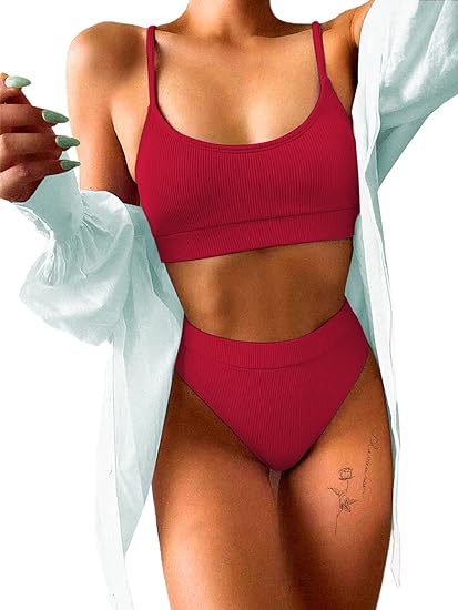 Photo 1 of [Size L] Avanova Women Ribbed Bikini Sets Scoop Neck Bathing Suit Swimwear Swimsuits- Red