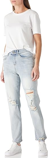 Photo 1 of [Size 10P] RHODANTHE Women's Ripped Boyfriend Jeans Stretch Skinny Jean Trendy Distressed Straight Leg Jeans with Holes- Light Blue
