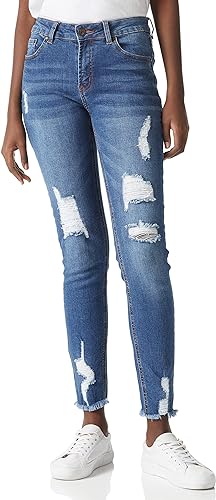 Photo 1 of [Size 14P] RHODANTHE Women's Ripped Boyfriend Jeans Stretch Skinny Jean Trendy Distressed Straight Leg Jeans with Holes
