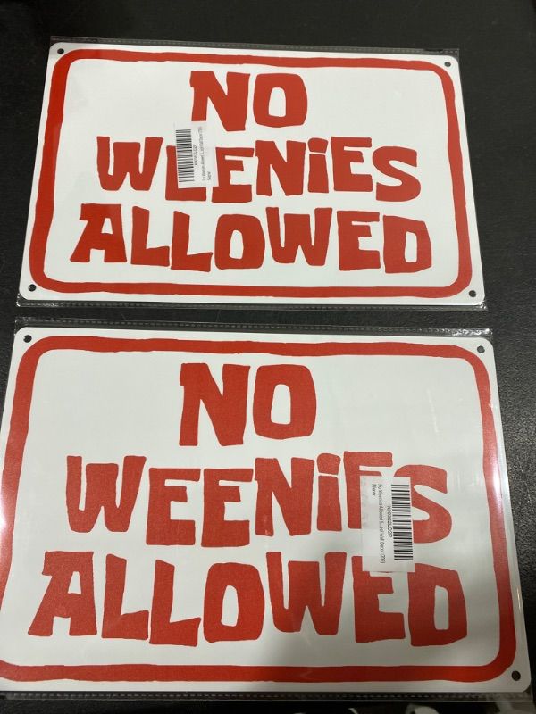 Photo 1 of 2 PACK Metal Tin Signs Metal Tin Sign Retro Wall Decor No Weenies Allowed Vintage Metal Tin Sign for Men Women,Wall Decor for Bars,Restaurants,Cafes Pubs 8x12 Inch
