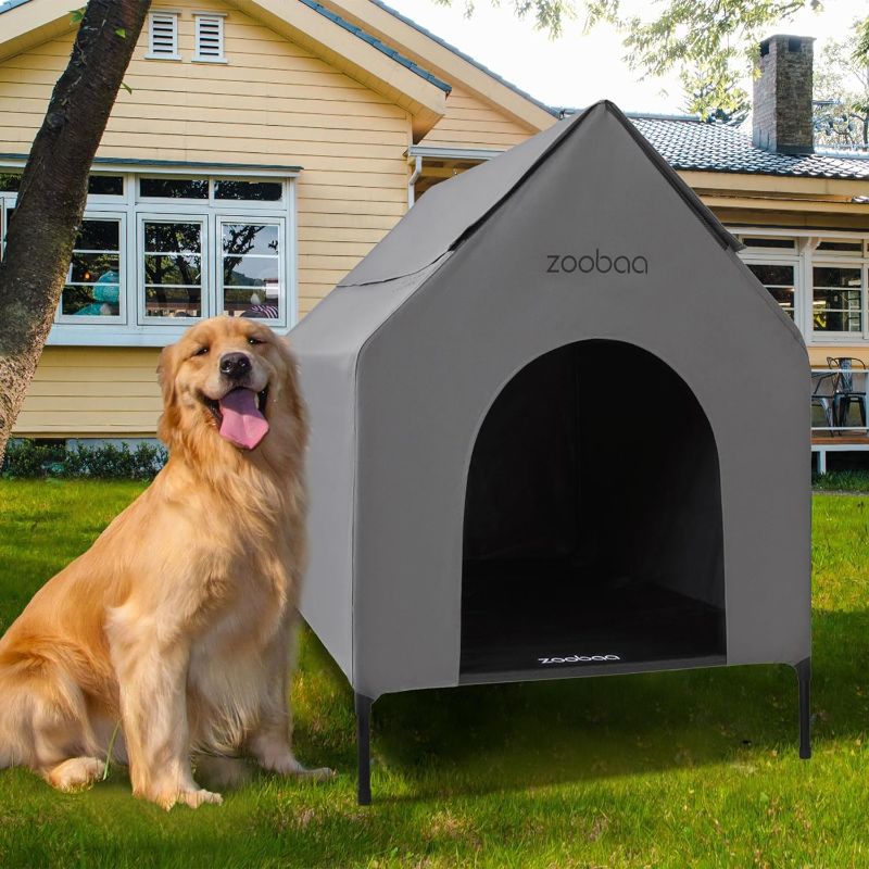 Photo 1 of 37'' Large Dog House, Dog House for Large Dog Indoor or Outside, Weatherproof 600D PVC Dog House Outdoor, Featuring Breathable 2x1 Textilene Elevated Dog Bed, Easy Clean (Large,Grey)
