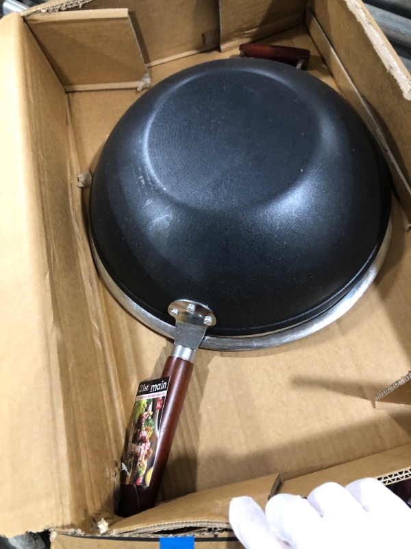 Photo 2 of 21st & Main Light weight Cast Iron Wok, Stir Fry Pan, Wooden Handle, with Glass lid, 14 Inch, chef’s pan, pre-seasoned nonstick, commercial and household, for Chinese Japanese and others Cooking 14 inch with lid