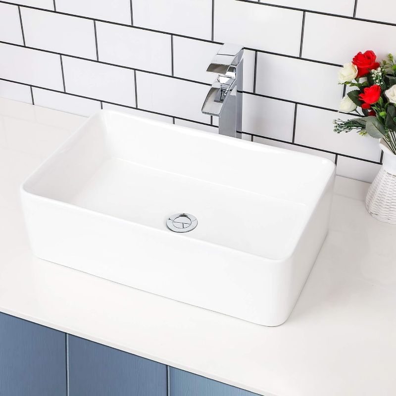 Photo 1 of  Rectangular Vessel Sink - Kichae 21" x 13" Modern Bathroom Vessel Sink White Porcelain Ceramic Rectangle Above Counter Vessel Vanity Sink Art Basin