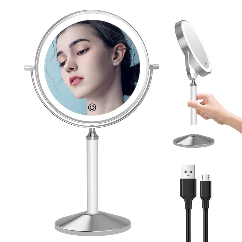 Photo 1 of  LOVESPEJO Lighted Makeup Mirror with Magnification 1X/10X, 8" Double-Sided Magnifying Mirror with Light, 3 Color Dimmable Detachable Cosmetic Mirror, Rechargeable LED Makeup Mirror, Chrome+White