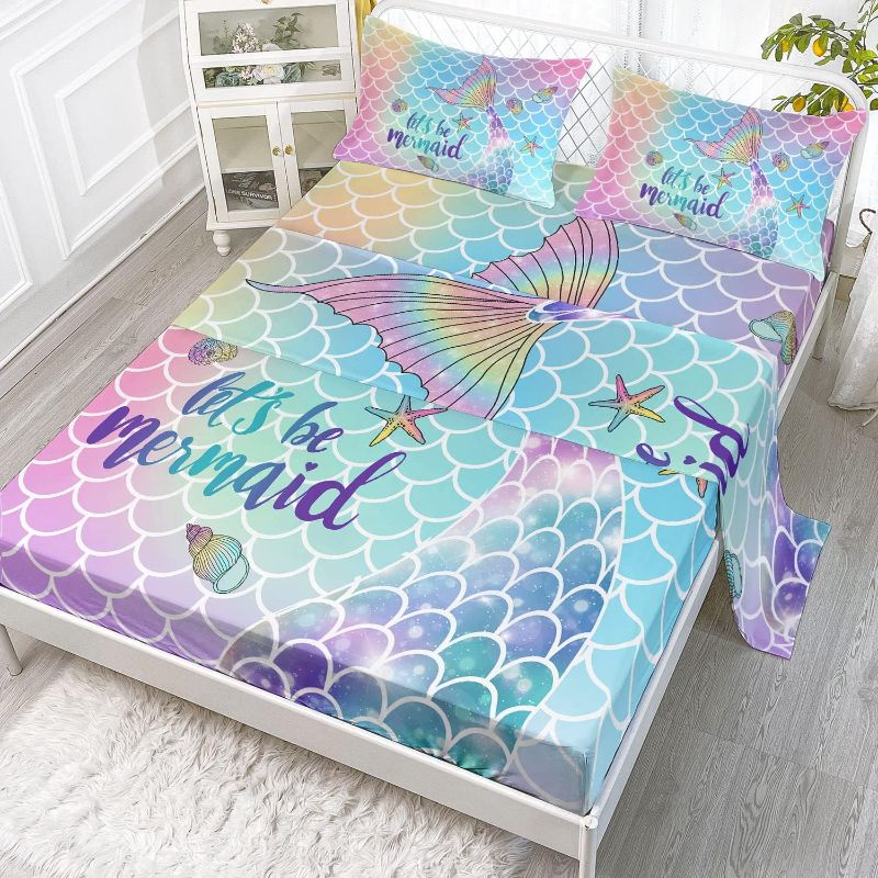 Photo 1 of  Datura home 4Pcs Kids Fitted Sheet and Flat Set Rainbow Scales Mermaid Printed Pattern Bedding with 1 + 2 Pillowcases for Boys Girls