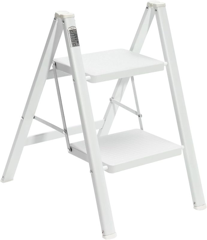 Photo 1 of 2 Step Ladder, Lightweight Portable Foldable Collapsible Folding Sturdy Steel Metal Step Stool with Anti-Slip Wide Pedal, Heavy Duty 330 lbs Capacity, for Home, Kitchen, Closet, Adults, White