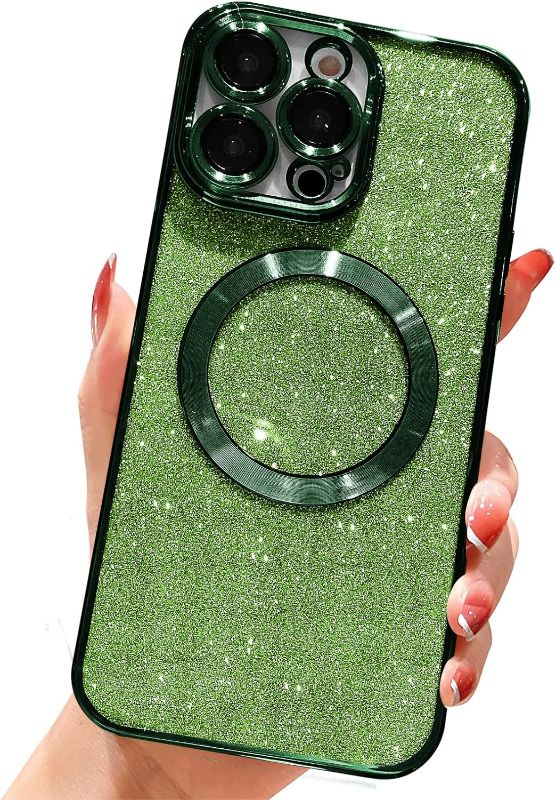 Photo 1 of Jefonha for iPhone 14 Pro Max 6.7" Magnetic Glitter Case, [Compatible with Magsafe] Cute Luxury Plating Bling Clear Phone Case, Full Camera Lens Protector Anti-Scratch Shockproof Protective Case-Green
