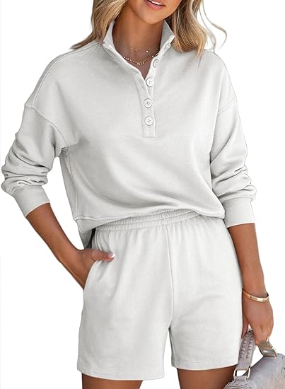 Photo 1 of Aleumdr Women 2 Piece Outfits Sweatsuit Fashion Long Sleeve V Neck Button Down Pullover and Shorts Set with Pockets-XL
