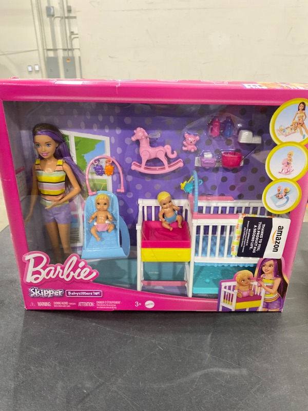 Photo 2 of Barbie Skipper Babysitters Inc Dolls & Playset, Nap 'N Nurture Nursery, Skipper Doll, Baby Doll, Crib & 10+ Accessories, Working Bouncer Nursery Playset