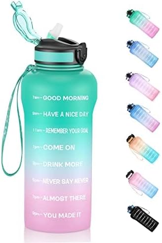 Photo 1 of 2 PACK- Half Gallon Sports Water Bottle with Straw [Tritan BPA Free] 64oz Sports Water Bottle with Time Markers Leak-proof Water Bottle for Gym, Camping, Picnic GREEN PURPLE
