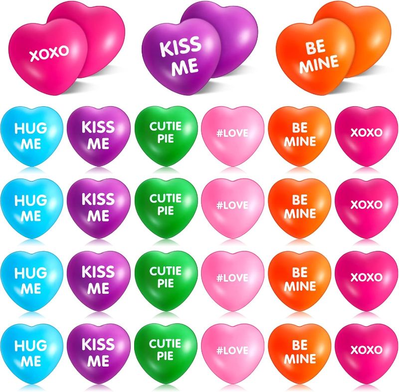 Photo 1 of 30 Pieces Heart Stress Balls Mini Conversation Heart Stress Toys Bulk Valentine's Day Heart Shaped Foam Balls for Valentine Party Favors Bag Fillers, Pink Rose Red Yellow Blue Purple Green
