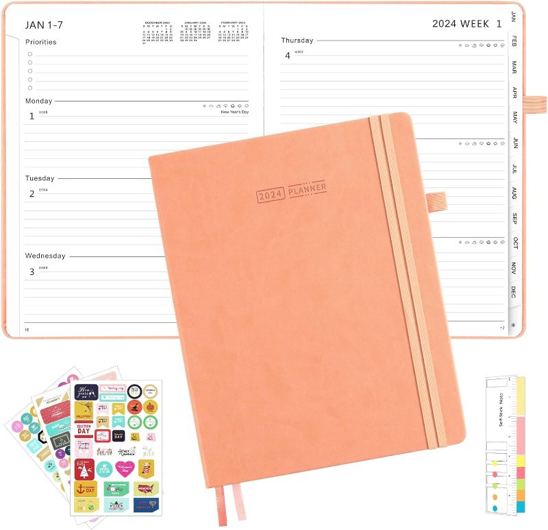 Photo 1 of Ospelelf Planner 2024, 2024 Calendar 12 Monthly Planner and Weekly Planner 8.5" x 11", Interior Pocket, Bookmark Cord, Elastic Closure and Pen Loop Series, Faux Pink Leather
