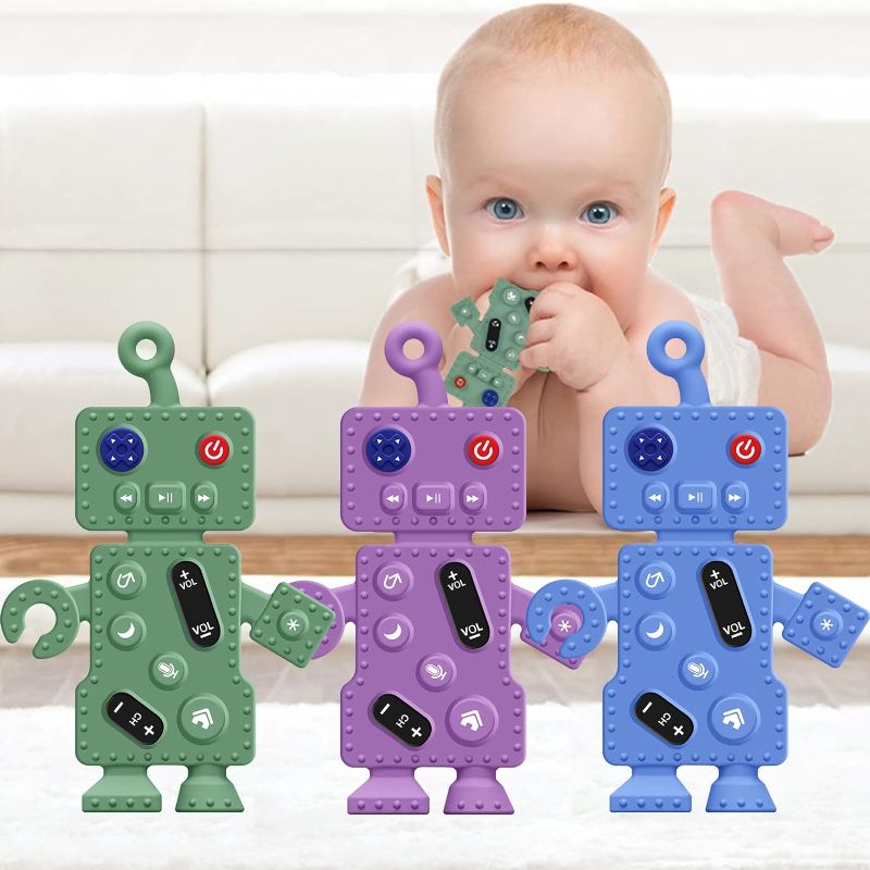 Photo 1 of Baby Teething Toys, DDMY Robot Remote Control Shape Silicone Toddler Teething Toys for Babies 0-6-12-36Months, Baby Chew Toys for Sucking Needs, Sensory Teething Pacifiers Toys for Baby (3 Pack)
