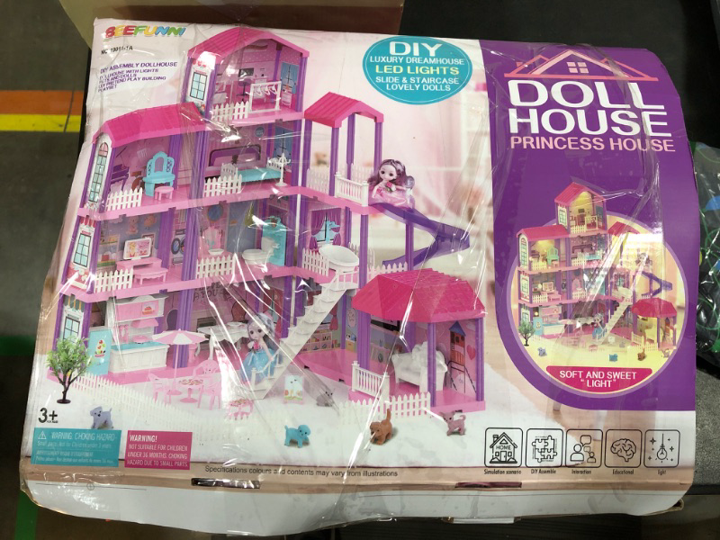 Photo 2 of **FOR PARTS ONLY** Doll House, Dollhouse w/ Furniture - Pink / Purple Girl Toys | 4 Stories, 11 Rooms w/ 2 Princesses, Slide, Lights, Gifts for 3 4 5 6 7 8 9 10 Year Old Girls Toys(27.6" x 26.8" x 35.8")