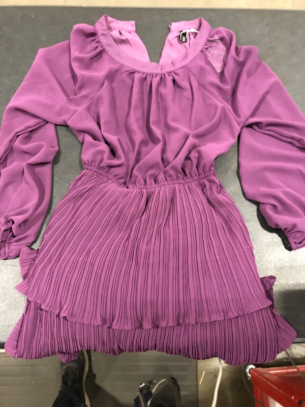 Photo 2 of [Size S] ZESICA Women's 2024 Long Sleeve Crew Neck Ruffle Tiered Layered Chiffon Flowy Swing Dress- Purple