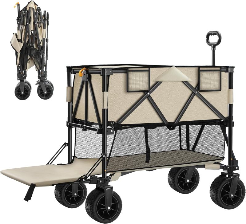 Photo 1 of **MISSING A WHEEL** Double Decker Wagon Collapsible, 400L Heavy Duty Foldable Wagon with Big Wheels, Folding Extended Wagon Cart Support Up to 450lbs, Outdoor Utility Wagon for Camping, Shopping, Beach, Garden
