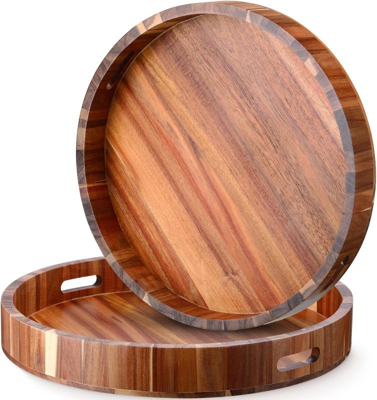 Photo 1 of 2 Pcs 20 Inch Large Round Wooden Serving Tray with Handles, Heavy Duty Acacia Wood Serving Tray for Ottoman Table Food Serving Trays Decorative Tray for Kitchen Living Room Home Decor
