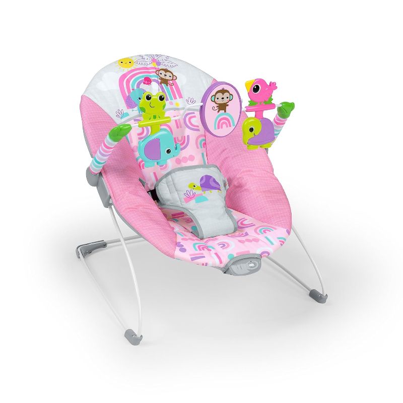 Photo 1 of Bright Starts Pink Paradise Portable Baby Bouncer with Vibrating Infant Seat and -Toy Bar, Max Weight 20 lbs., Age 0-6 Months
