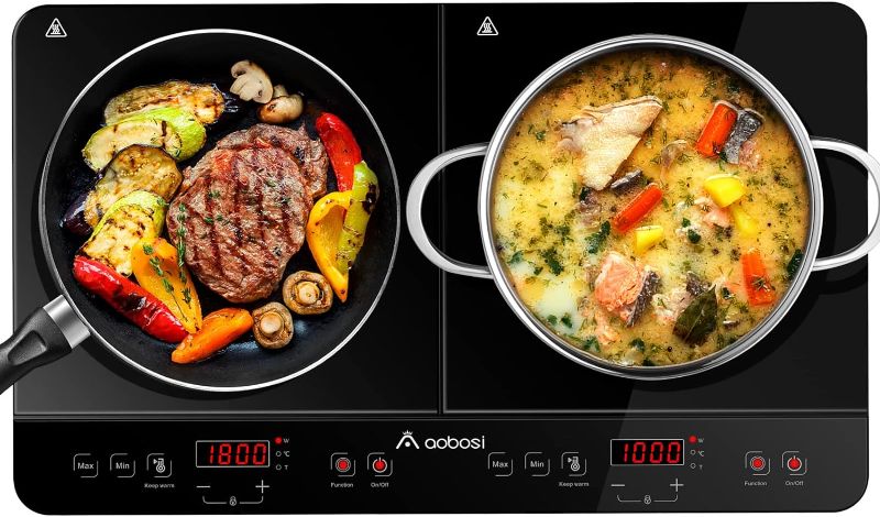 Photo 1 of Aobosi Double Induction Cooktop Burner with 240 Mins Timer, 1800w Induction Burner with 10 Temperature 9 Power Settings, Portable Dual Induction Cooktop with Touch Sensor Control & Child Safety Lock