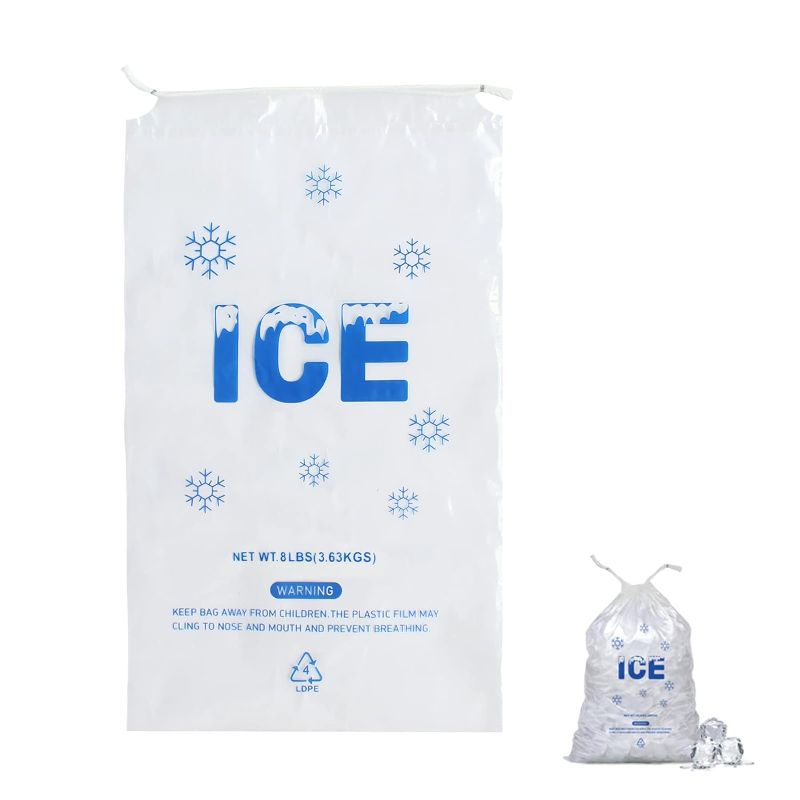 Photo 1 of 100 PACK 10 lb. Plastic Drawstring Ice Bags 12 x 21 Inch Heavy-Duty Plastic Ice Bags with Plastic Drawstring (2mil Thickness)