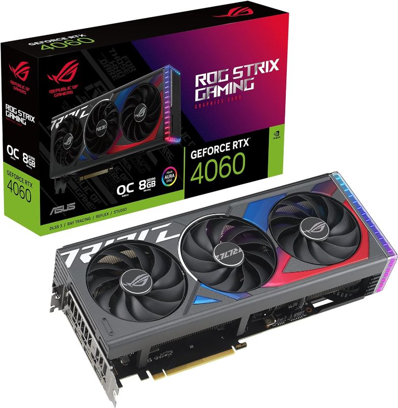 Photo 1 of ASUS ROG Strix GeForce RTX™ 4060 OC Edition Gaming Graphics Card (PCIe 4.0, 8GB GDDR6, DLSS 3, HDMI 2.1a, DisplayPort 1.4a, Axial-tech Fan Design, Aura Sync, 0dB Technology)
