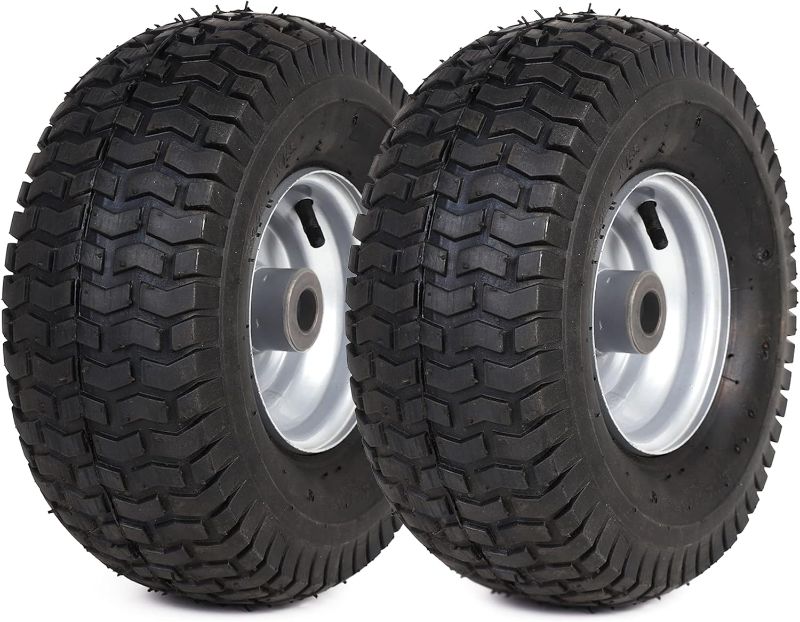 Photo 1 of (2 Pack) 15 x 6.00-6 Lawn Mower Tire and Wheel Set - 15x6-6 Front Tires with Rim Assemblies (4 Ply), 3" Offset Hub and 3/4" Bushings - Compatible with John Deere Riding Mower, Lawn Tractor