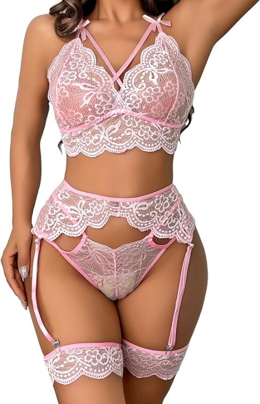 Photo 1 of [Size S] NEWEVEN Women's Lace Garter Lingerie 4 pcs Set with Teddy Babydoll Strappy Bra and Panty Set Garter Belt- Pink
