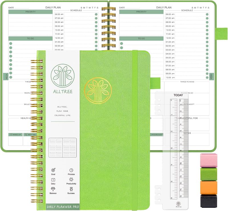 Photo 1 of Planner Daily Pro, Undated Daily Planner with Hourly Schedules?ALLTREE Daily & Monthly Planner with Spiral Binding?To Do List Planner for Work & Personal Life, Lasts 6 Months, Green, 8.5"x6"
